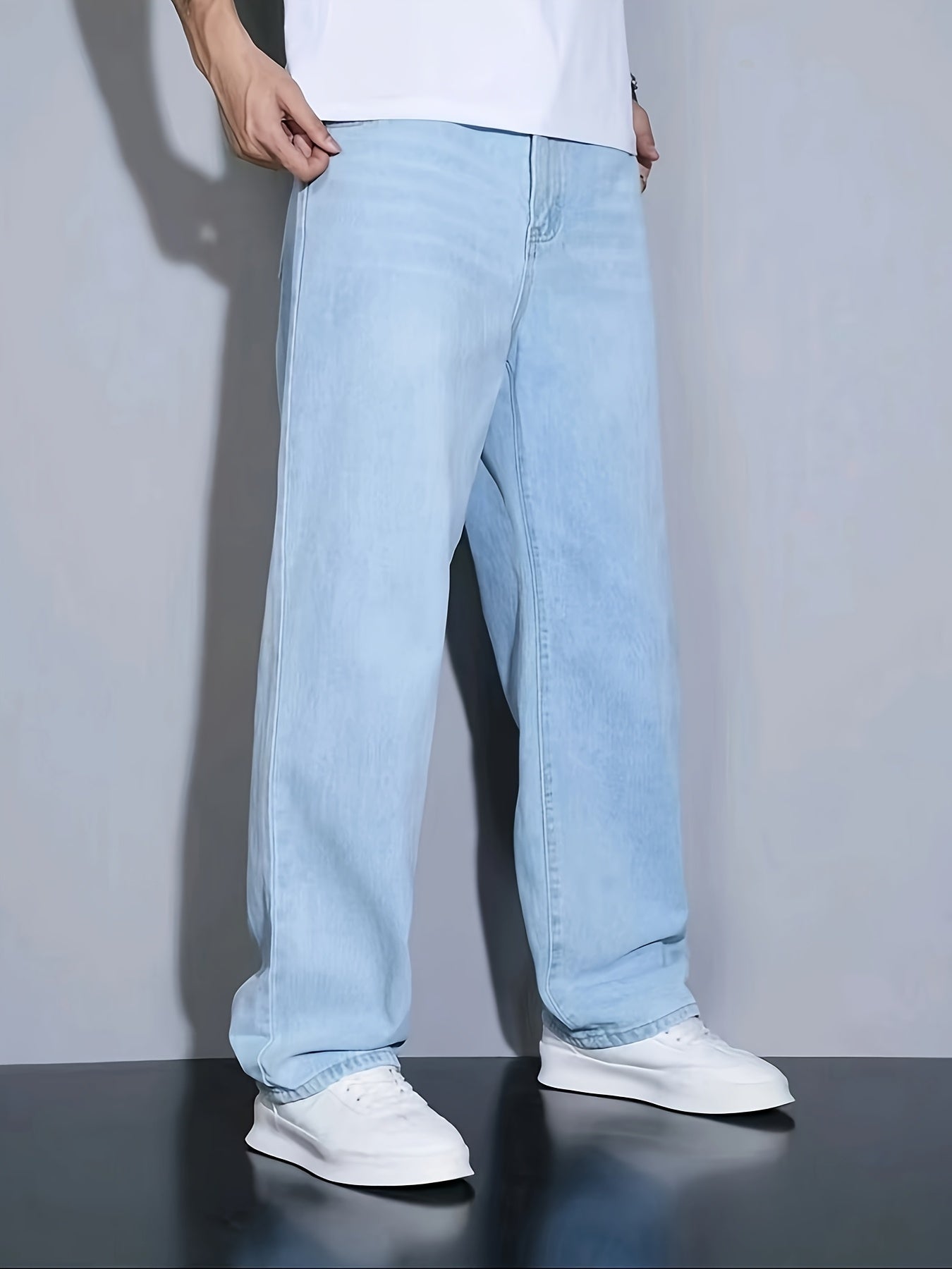 Men's Slim Fit Blue Jeans - All-Season, Non-Stretch Denim, Mid-Rise, Zip Closure, Casual Streetwear Style, Machine Washable, Yearround Wear|Sleek Jeans|Glossy Finish