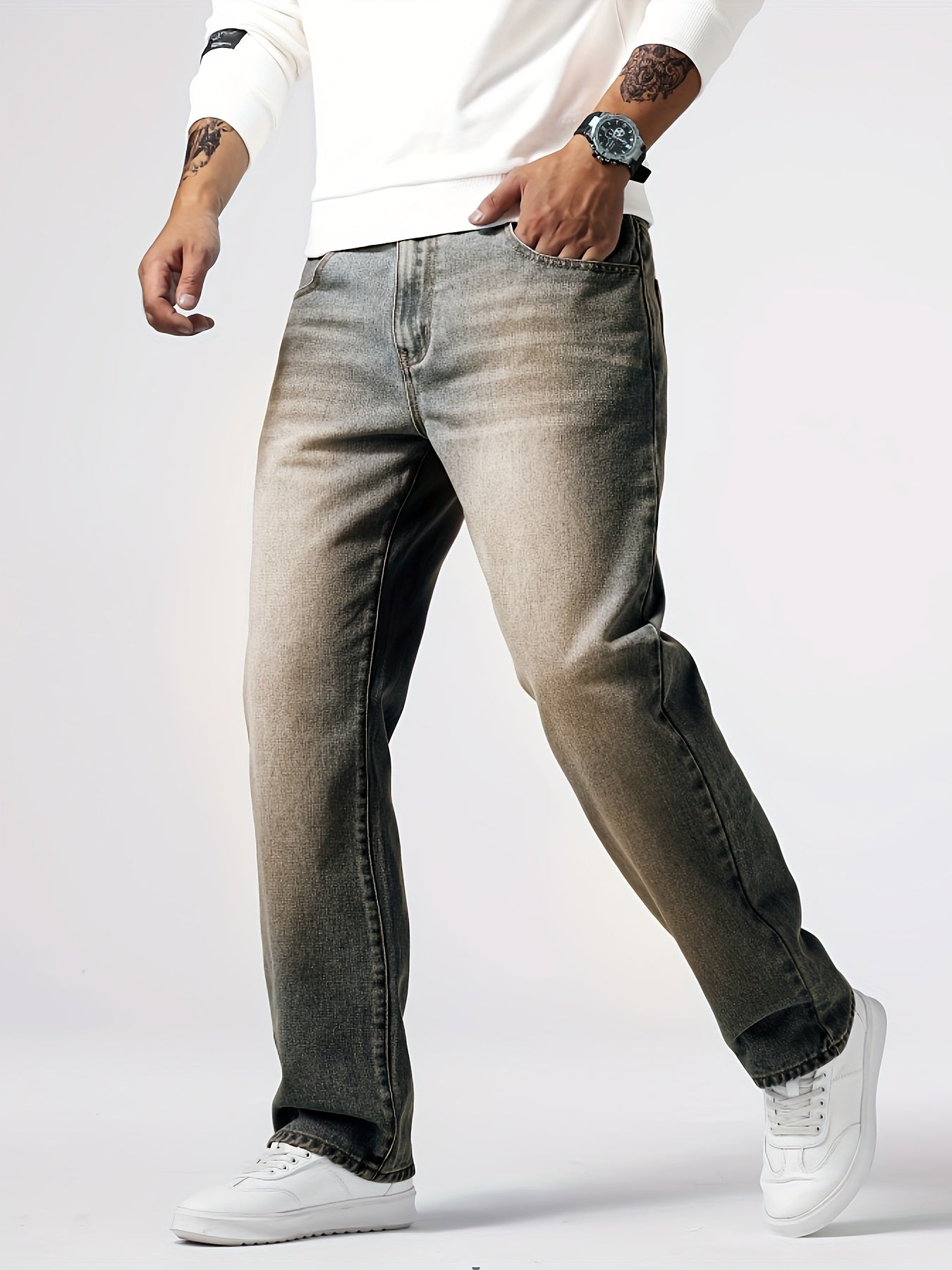 Loose Fit Straight Leg Jeans, Men's Casual Street Style Distressed Denim Pants For All Seasons