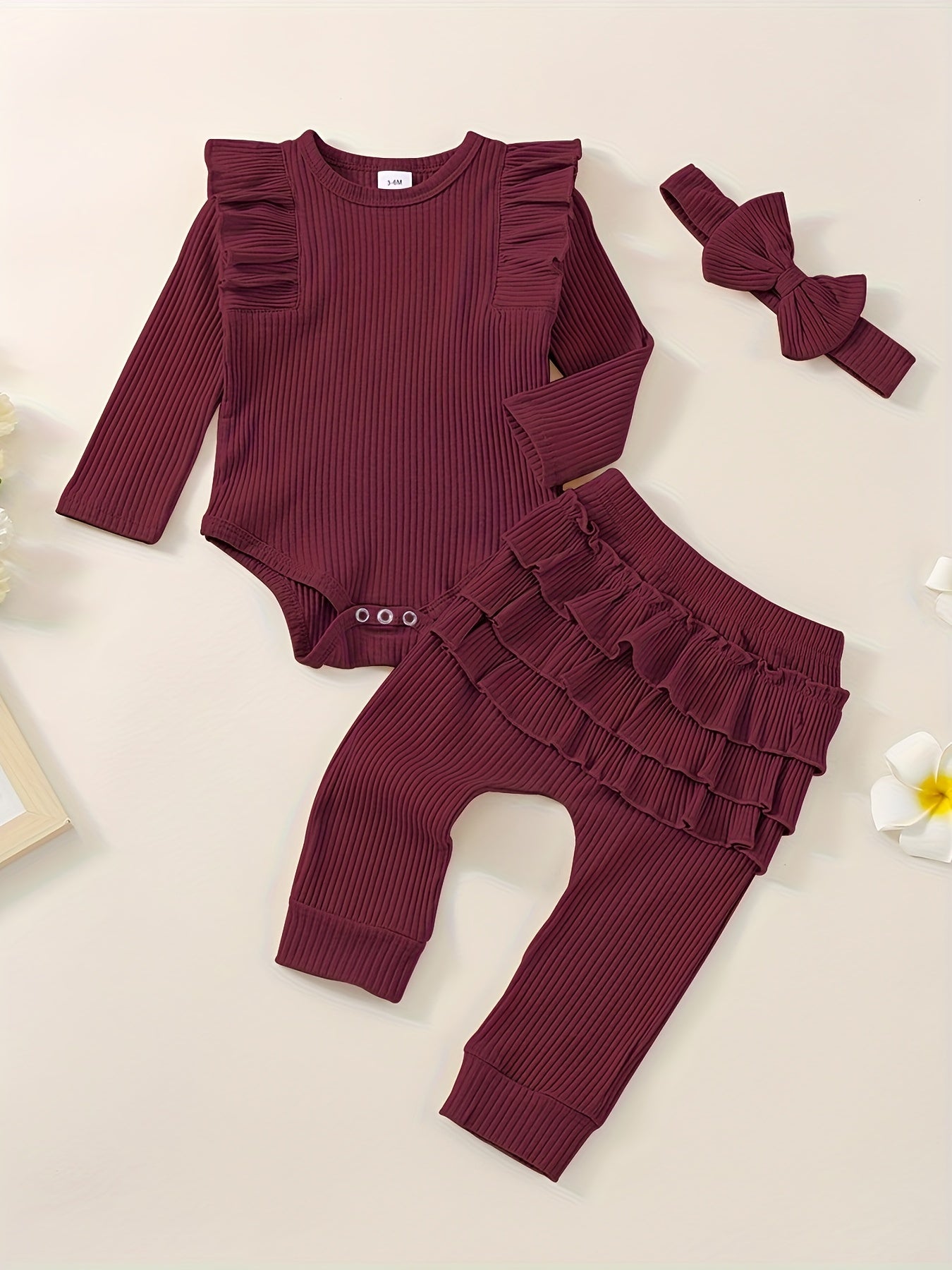 3pcs Baby Girl Outfit Set, Cute Ribbed Ruffle Long Sleeve Romper & Pants, 95% Cotton 5% Spandex, Crew Neck Pullovers, Solid Color, Regular Fit, No Belt, Fall/Winter Knit Fabric, 0-18 Months, for Outdoor