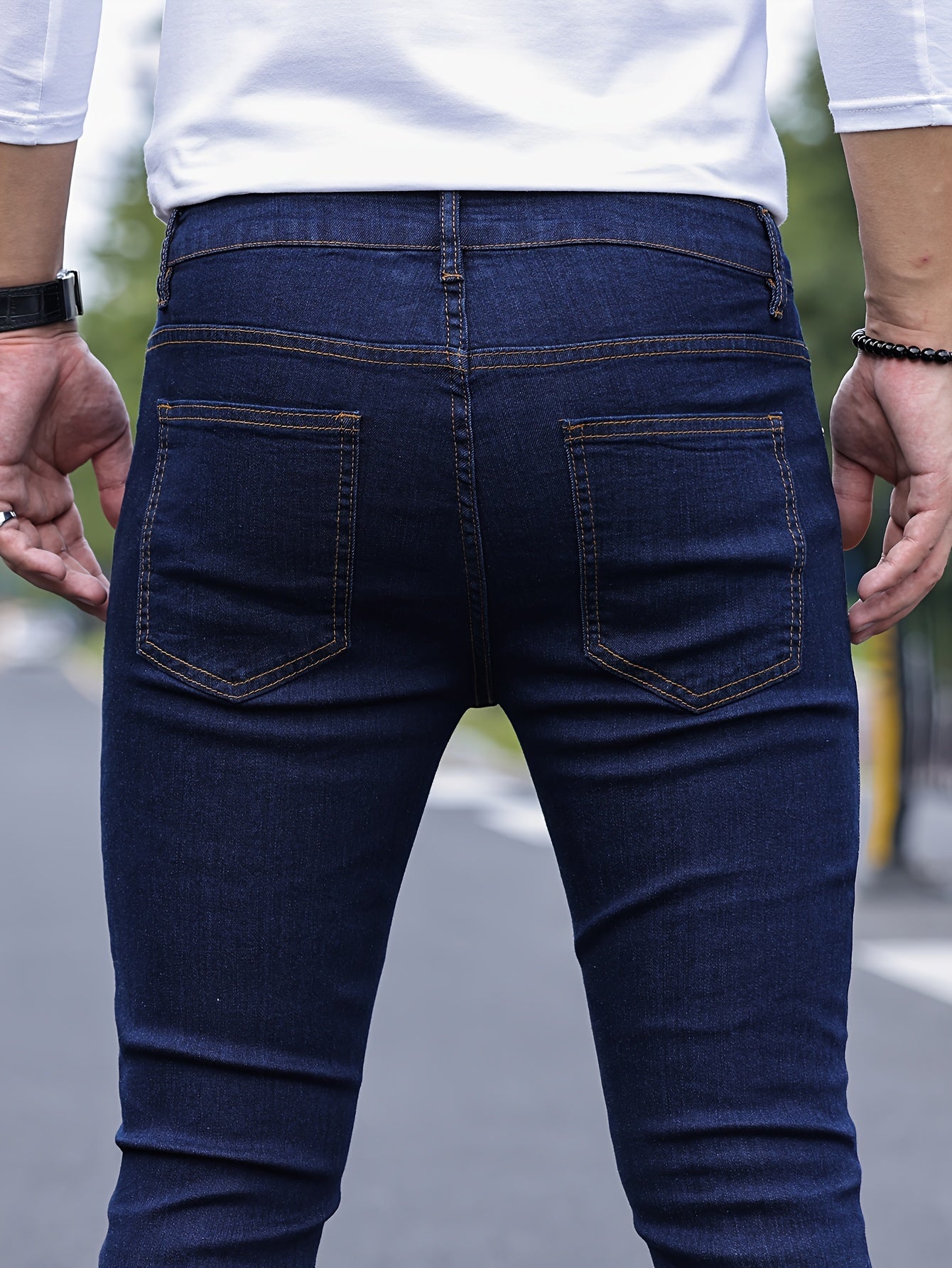Slim Fit Chic Jeans, Men's Casual Street Style All Match Stretch Denim Pants With Pockets