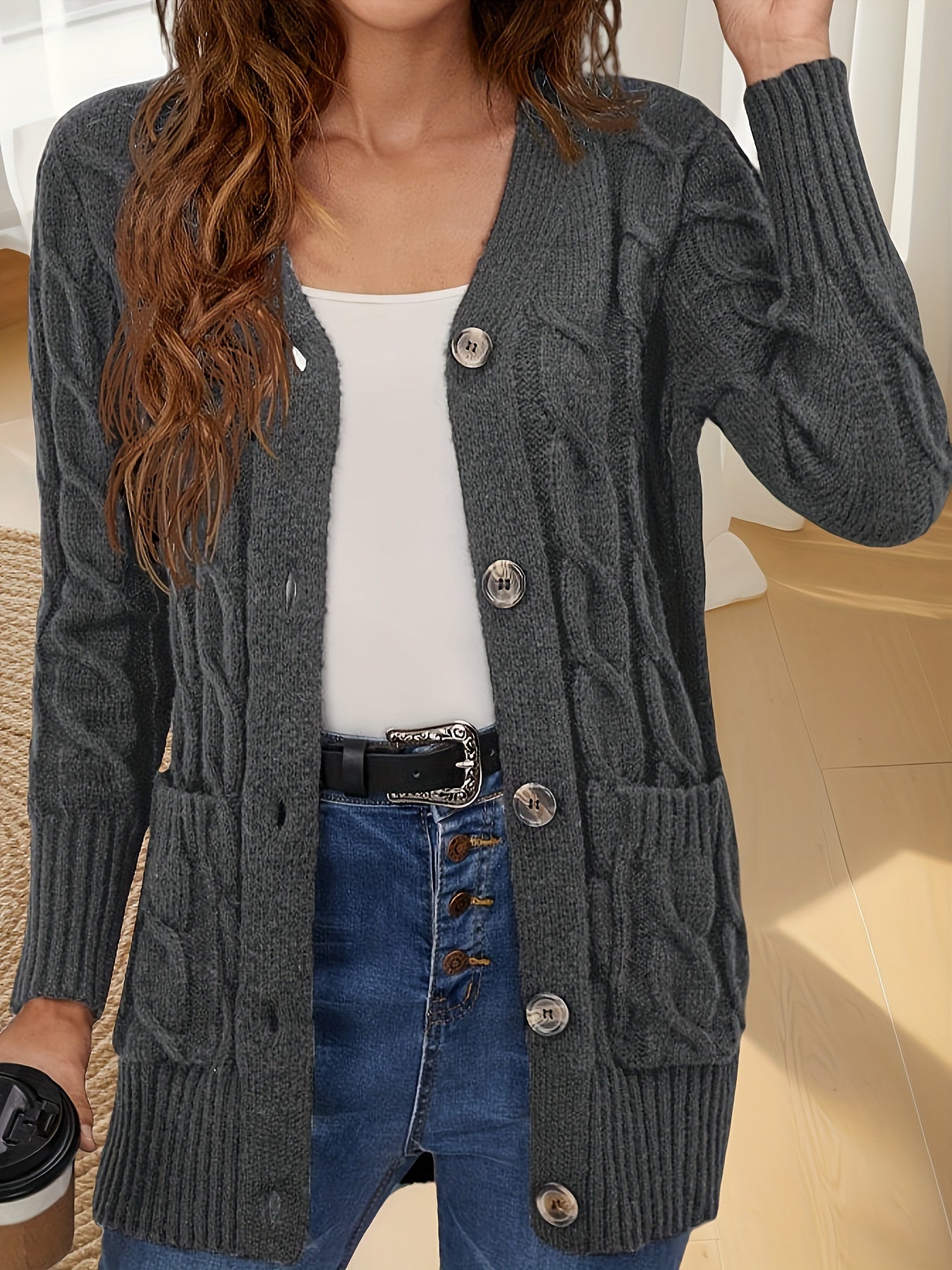 Elegant Women's Cable-Knit Cardigan - Cozy Button-Up V-Neck Sweater Jacket with Pockets, Long Sleeves in Heather Gray, 100% Polyester, Machine Washable for Fall/Winter