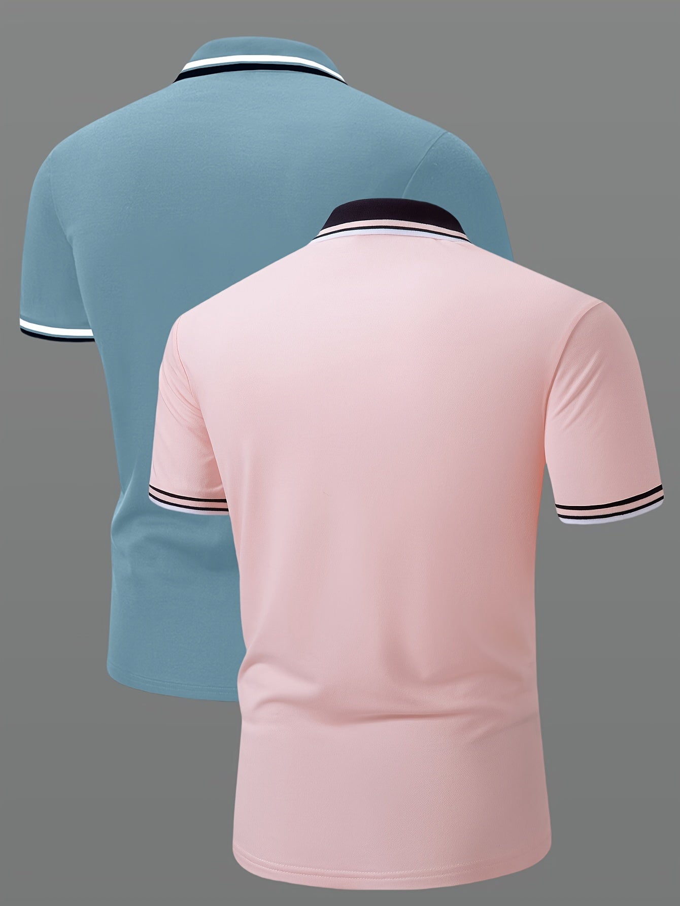2pcs Men's Short-Sleeve Shirts with Contrast Collars - Lightweight Polyester, Pastel Blue & Pink, Turn- Collar, Button Closure, Regular Fit, Casual & Business-Casual Wear, Ideal for Summer or Gifting, Short Sleeve Tops
