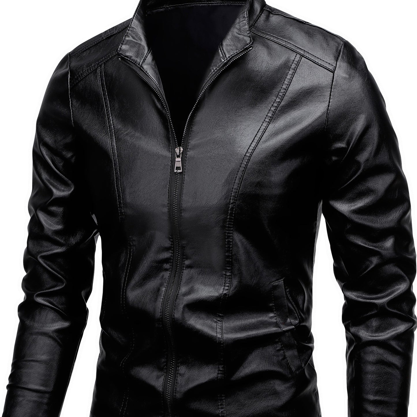 Men'S Casual Jacket - Stand Collar Zip-Up Long Sleeve - 100% Polyurethane, Solid Color, Non-Stretch Woven Fabric, Regular Fit with Functional Pockets for Daily Wear