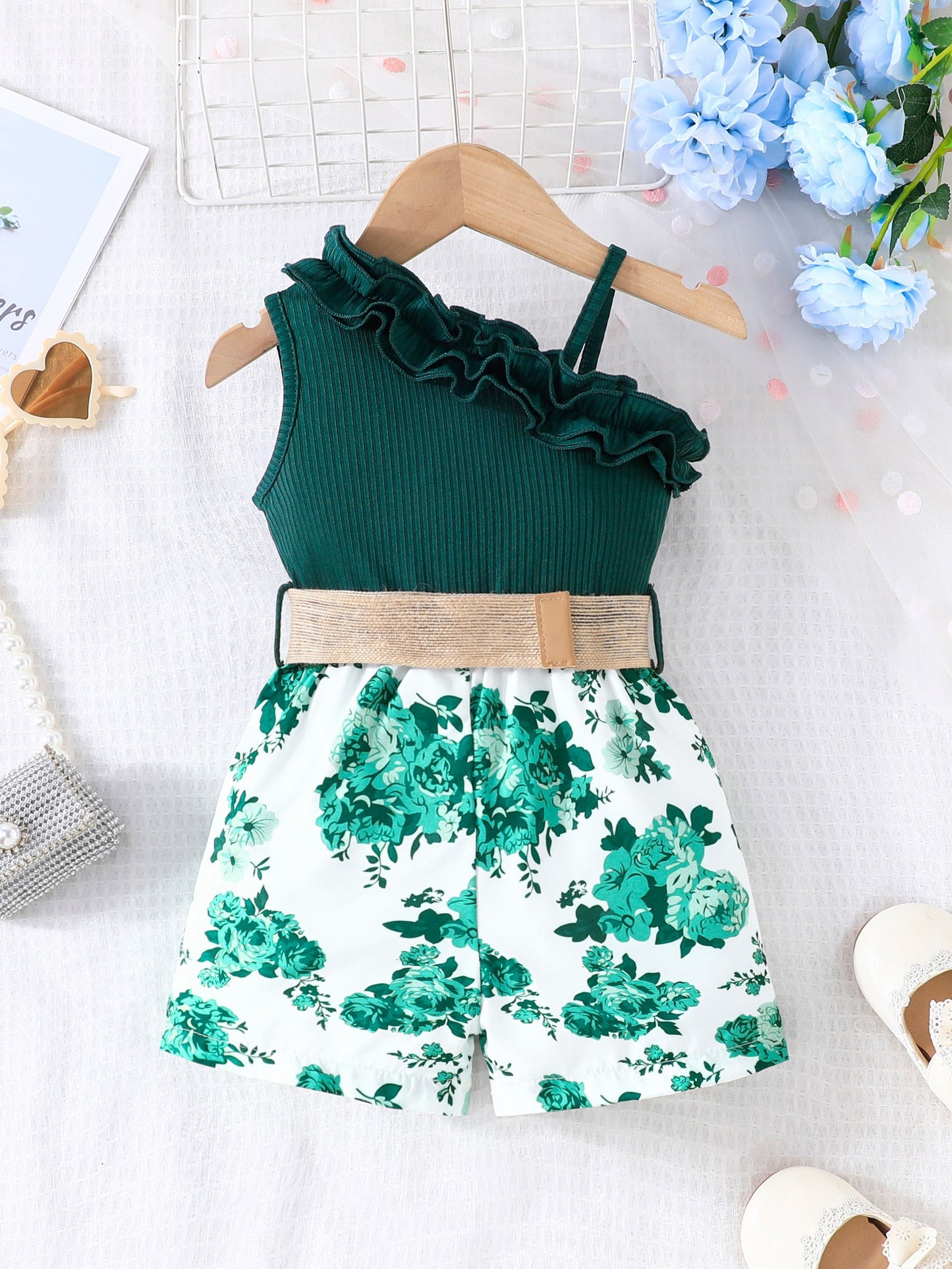 Baby's Vacation Style Flower Pattern Splicing One-Shoulder Romper With Belt, Toddler & Infant Girl's Bodysuit For Summer Daily & Outdoor Wear