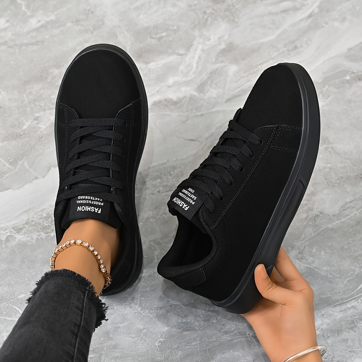 Women'S Simple Solid Black Lace-Up Flats, Comfortable Skate Shoes, Casual Versatile, for Couples, with Stability Support, Lightweight EVA Sole, for All-Season Road Running, Daily Wear, Outdoor Hiking, Sports