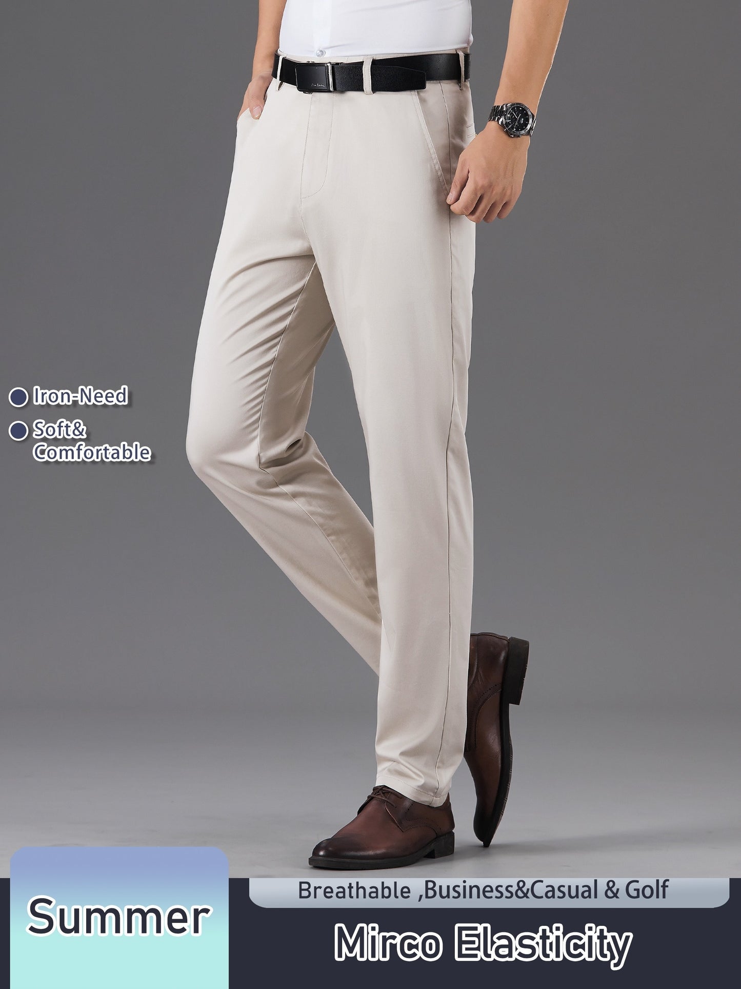 Men's Solid Color Straight Leg Business Style Cotton Blend Pants, Casual Comfy Breathable Outdoor Trousers As Gift
