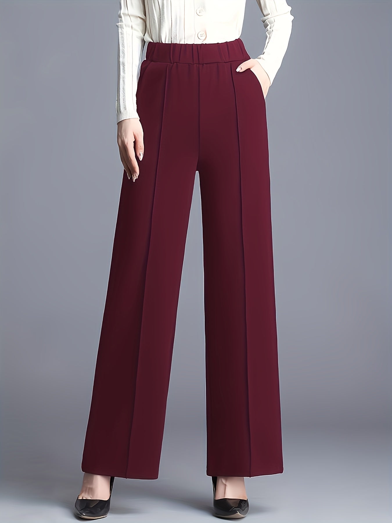 Elegant Maroon High-Waist Straight-Leg Pants for Women - Stretchy, Loose Fit with Slant Pockets, Ideal for Work & Daily Commute, Polyester Blend, All-Season Wear