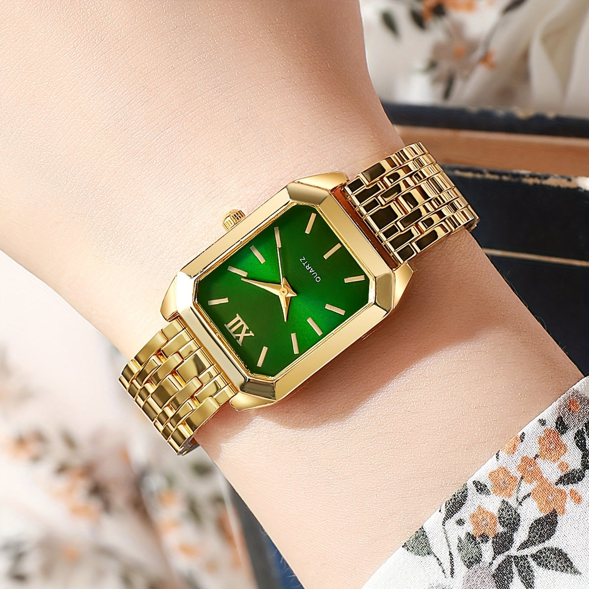 1pc Women's Luxury Square Watch with Multi-Color Dial & Golden-Tone Zinc Alloy Band - Quartz Movement, Fashionable Wristwatch for Casual & Formal Occasions, Casual Wristwatch | Colorful Dial Watch | Premium Look Watch