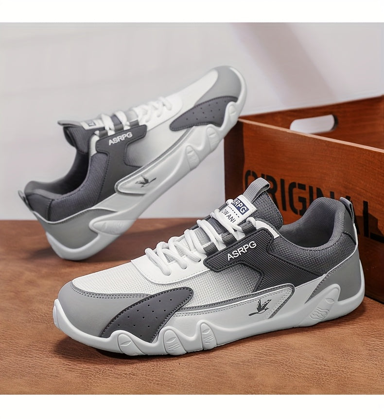 Men's Breathable Low-Top Casual Sneakers - Sporty Lace-Up Walking Shoes with Navy/White/Golden Accents, All-Season Outdoor Everyday Comfort, Durable Fabric Upper PVC Sole, Comfortable Footwear, Sleek Shoe Design, Lightwei