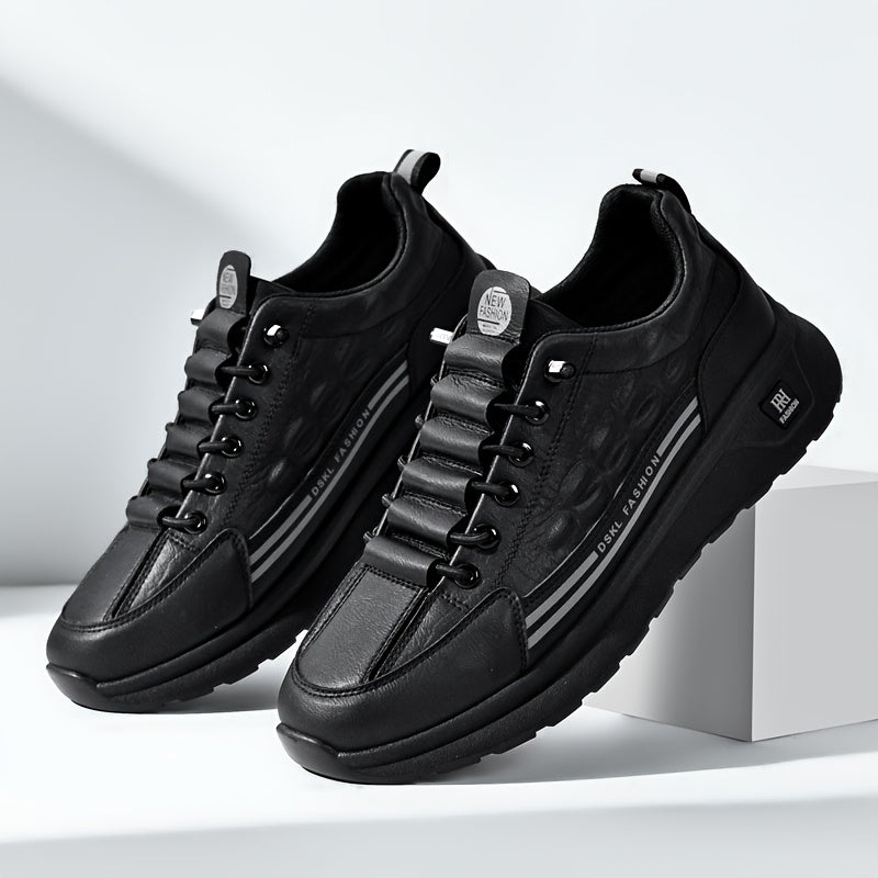 Men's Breathable Casual Sneakers - Comfortable, Versatile Stylish Shoes for Running, Sports Casual Attire, Black with White Accents, PU Upper PVC Sole, Round Toe, Lace-Up Design, All-Season Use