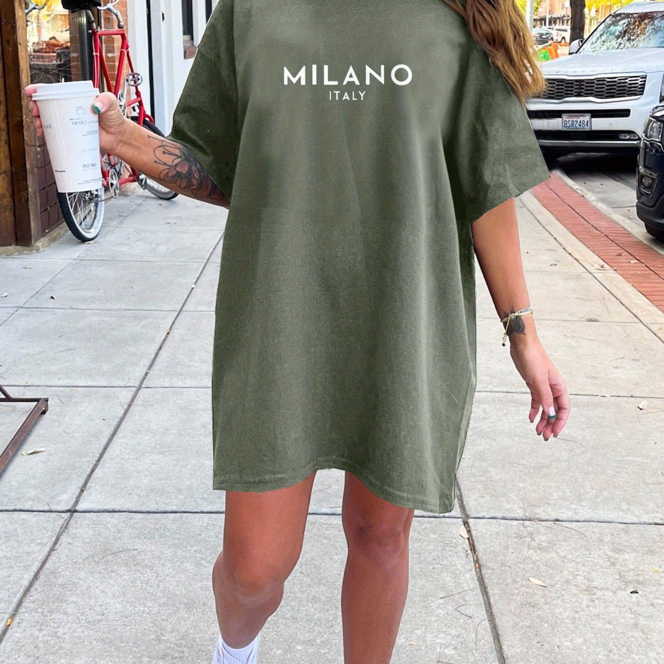 Double-Sided Milano Italy Letter Print Crew Neck Tee Dress, Casual Short Sleeve Summer Dress for Women, Lightweight and Comfortable