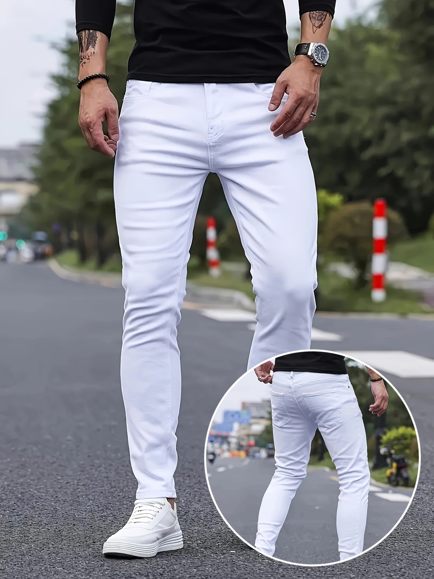 Men'S Skinny Fit Denim Jeans, Casual Mid Waist White Pants, Solid Color Stretch Cotton Blend, with Belt Detail, for All-Season Zipper Fly Trousers
