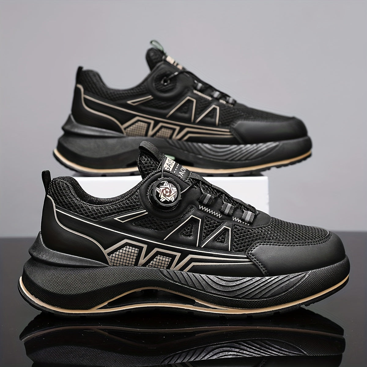 Men's 2025 New Casual Athletic Running Shoes - Thick-Sole Hiking Basketball Sneakers with Breathable PU/Fabric Upper, Durable PVC Outsole, Beige/Black Colorway for Outdoor, Streetwear Everyday Comfort, Round Toe Design