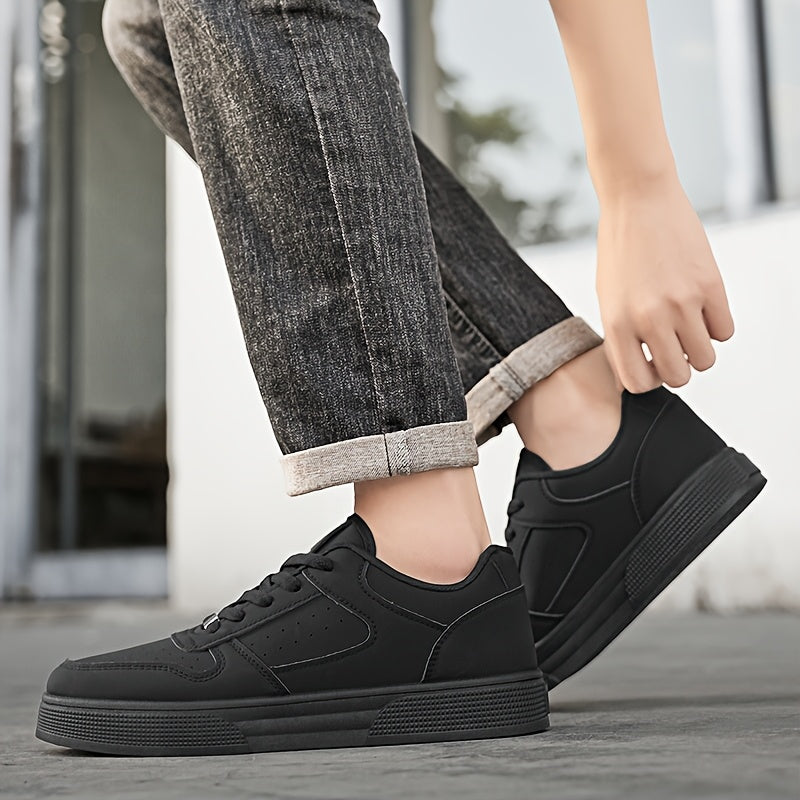 Breathable Skate Shoes - Sleek Black Low-Top Casual Sneakers with Durable PU Upper & PVC Sole, Comfortable Lace-Up Streetwear for Men and Women, All-Season