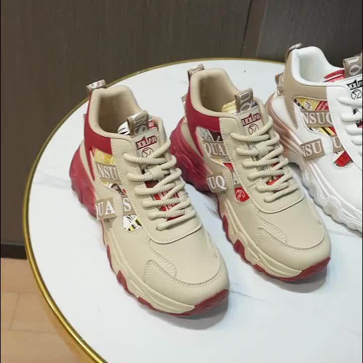 Women's Chunky Platform Sneakers - High-Top Lace-Up Shoes with Cushioned PVC Sole, Beige/White/, Synthetic Cover Upper - All-Season Outdoor, Casual, Office Shoes for Everyday Formal Outfits - Lightweight Thick Platform Foot