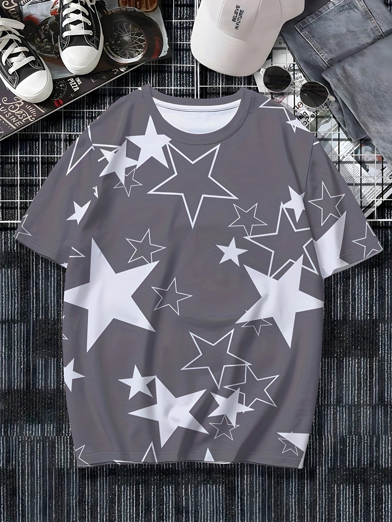 Men's Allover Color Blocking Stars Pattern Short Sleeve Crew Neck T-shirt For Summer, Casual Stylish Tee As Gift