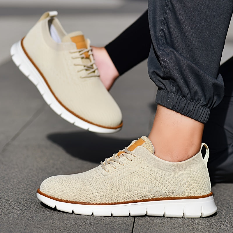 Men's Breathable Knit Business Casual Shoes - Beige with Brown Accents, Lace-Up, EVA Sole, Round Toe, Versatile for All Seasons, Dressy Shoes