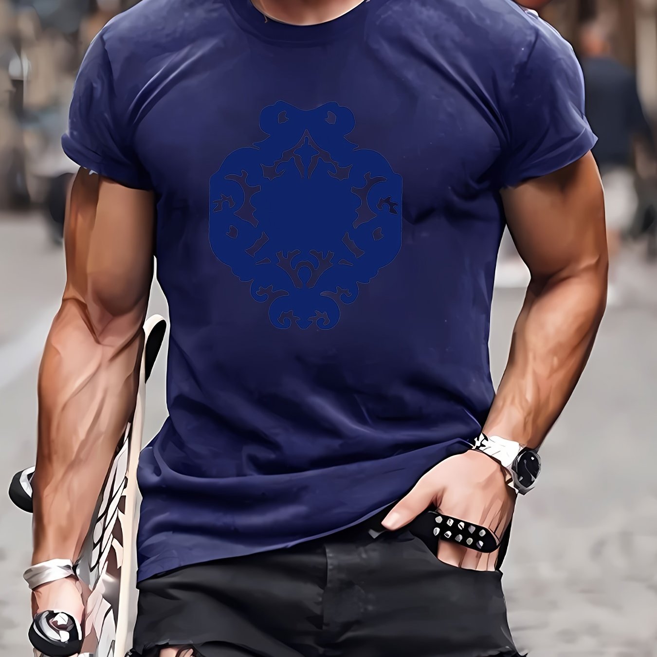 New Summer Round Collared Short Cuff T Dress For Men'S Wear With Free Print