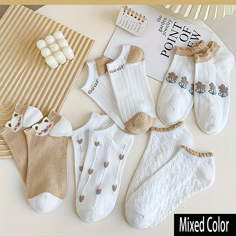 Women's Cute Cartoon Cotton Ankle Socks - 5 Pairs Set, 80% Cotton 20% Elastane, Solid Color & Patterned Designs, Breathable Knit Fabric, Sweat-Absorbent for Spring & Summer