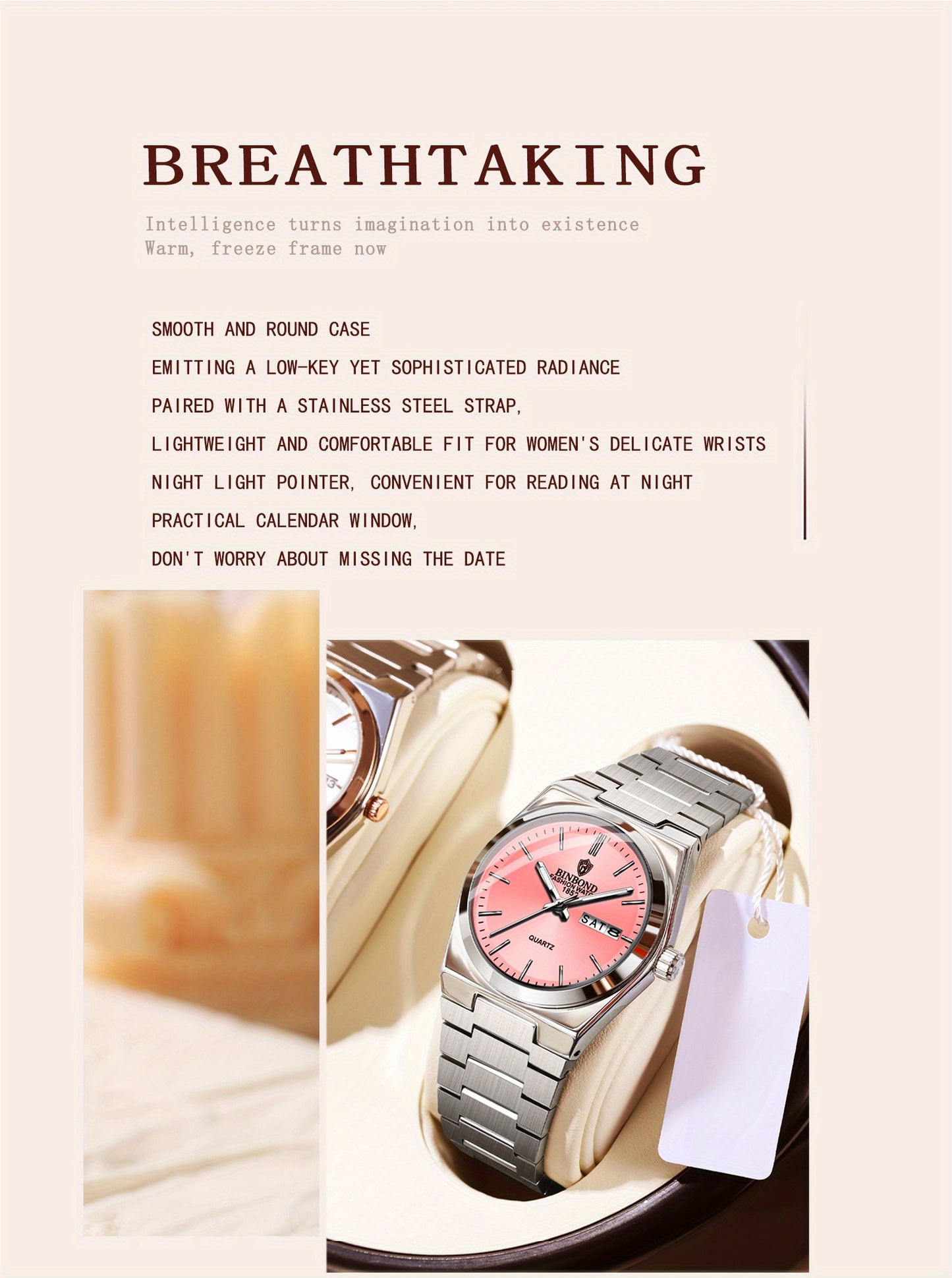 BINBOND Women'S Fashion Watch, Double Calendar, Quartz Movement, Stainless Steel Band, Round Case, Ideal for Daily Wear & Gifting, Stylish Accessory|Minimalist Design|Durable Watch