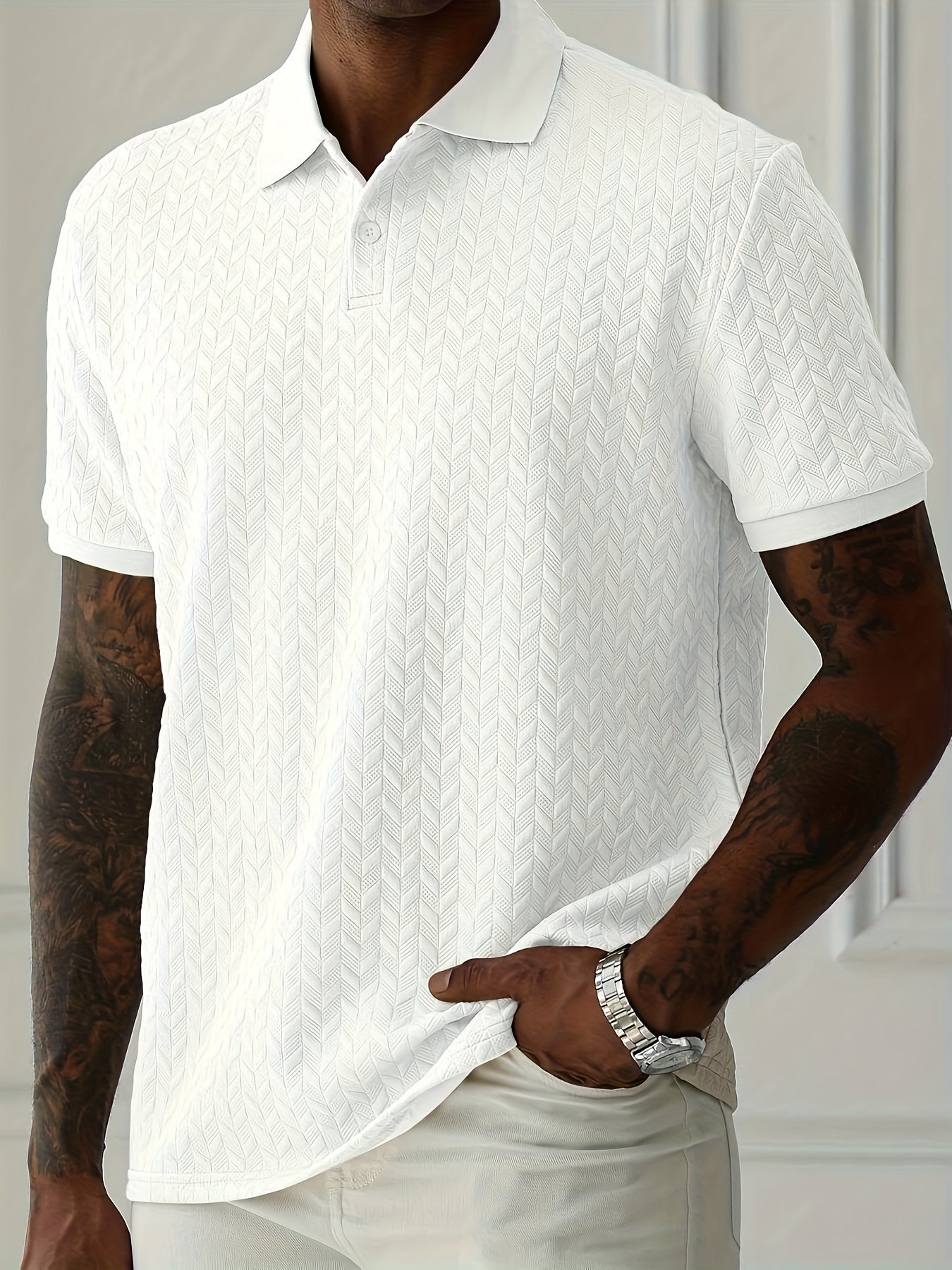 Men'S Casual Black Short Sleeve Polo Shirt with Textured Diamond Pattern - Polyester, Button-Up, Regular Fit for Summer, Casual Attire|Textured Pattern Shirt|Polyester Fabric