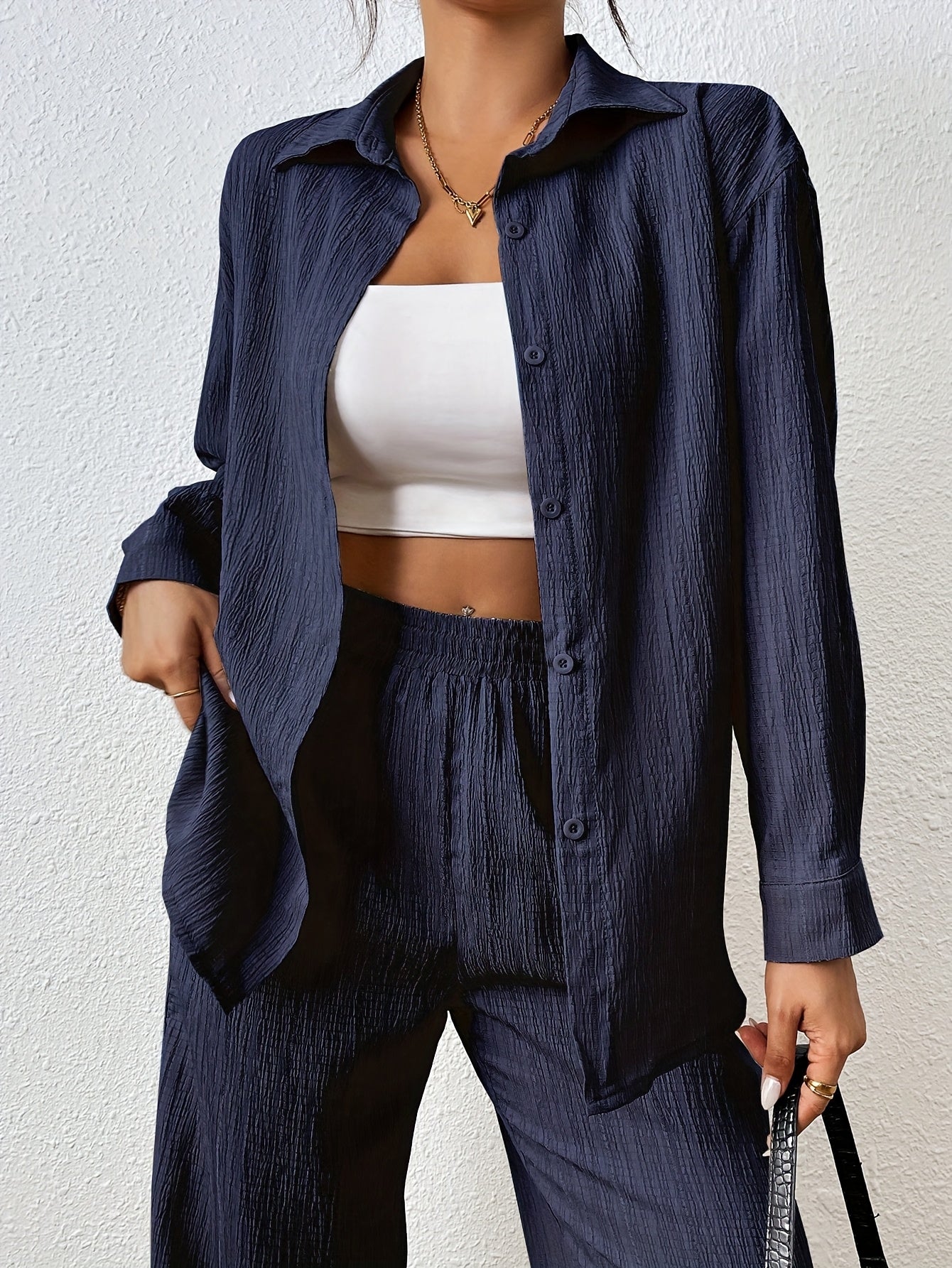 2pcs Women Spring & Autumn Casual Solid Color Long Sleeve Shirt And Pants Set