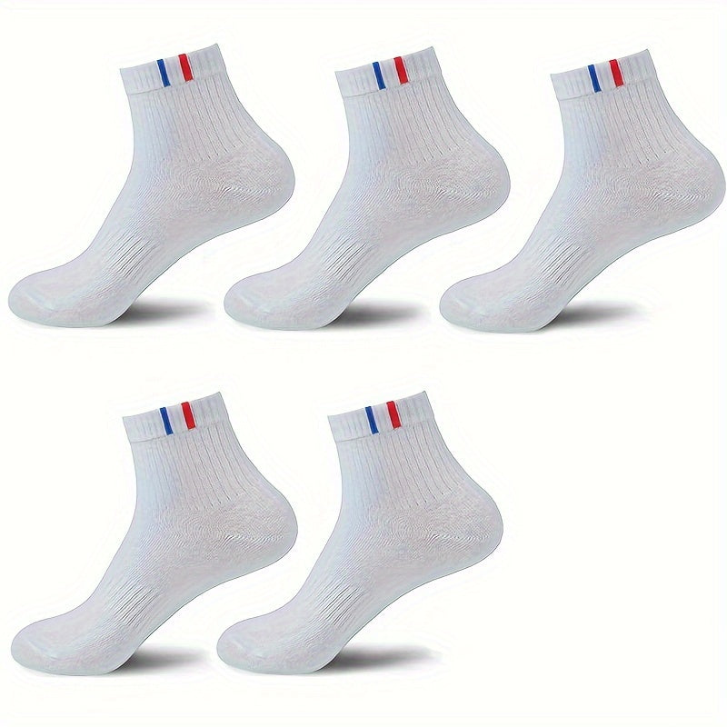 5/10 Pairs Of Men's Solid Sport Crew Socks, Breathable Sweat-absorbing Comfy Soft Casual Simple Style Socks All Seasons Wearing