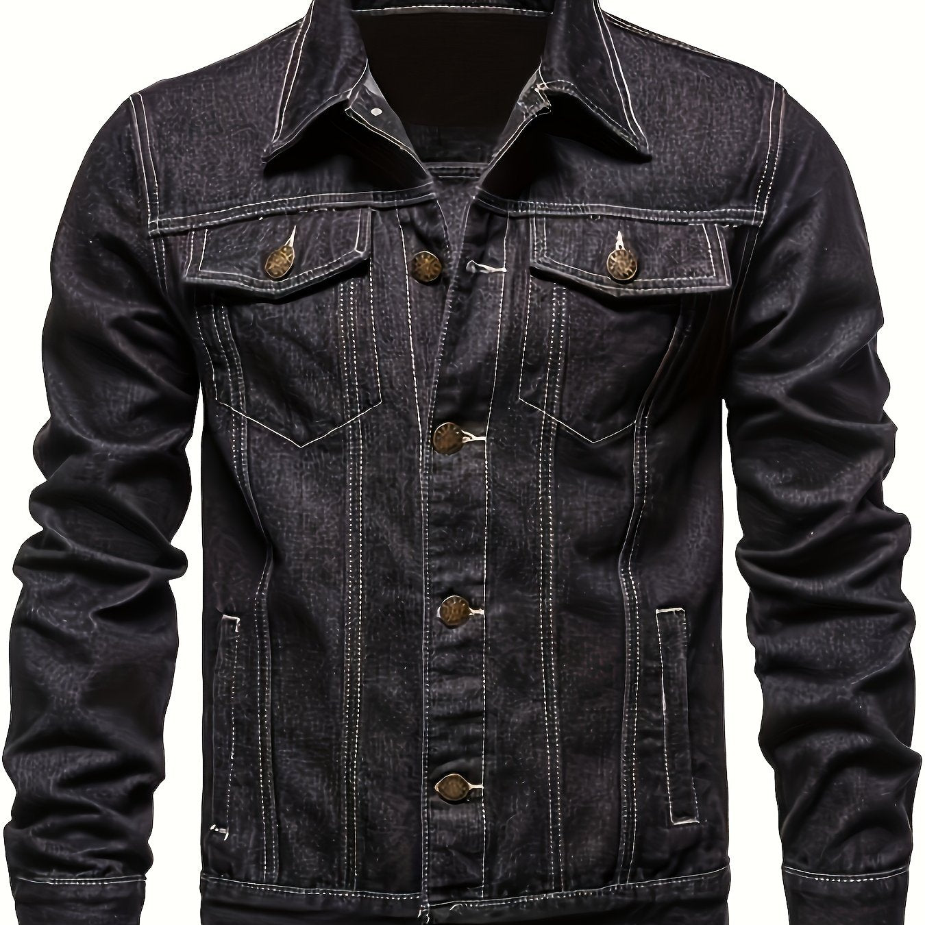 Men's Chic Washed Denim Jacket, Casual Street Style Button Up Contrast Stitching Jacket For Fall Winter