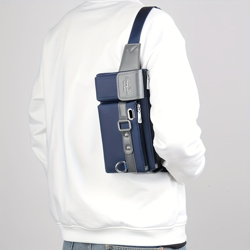 Men‘S Casual Oxford Chest Bag – Multi-Function Phone Bag with Zip Closure, Daily Commute Hollow Design Shoulder Bag with Adjustable 100Cm Strap (No Print)