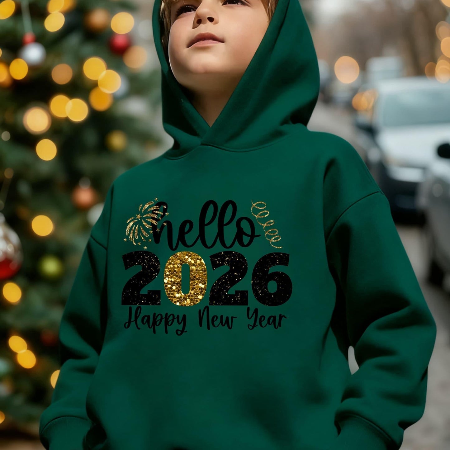 Boys' 2026 New Year Hooded Sweatshirt - Hello 2026 Happy New Year Lettering, Mint Green with Golden Accents, Loose Fit Long Sleeve Pullover for Boys