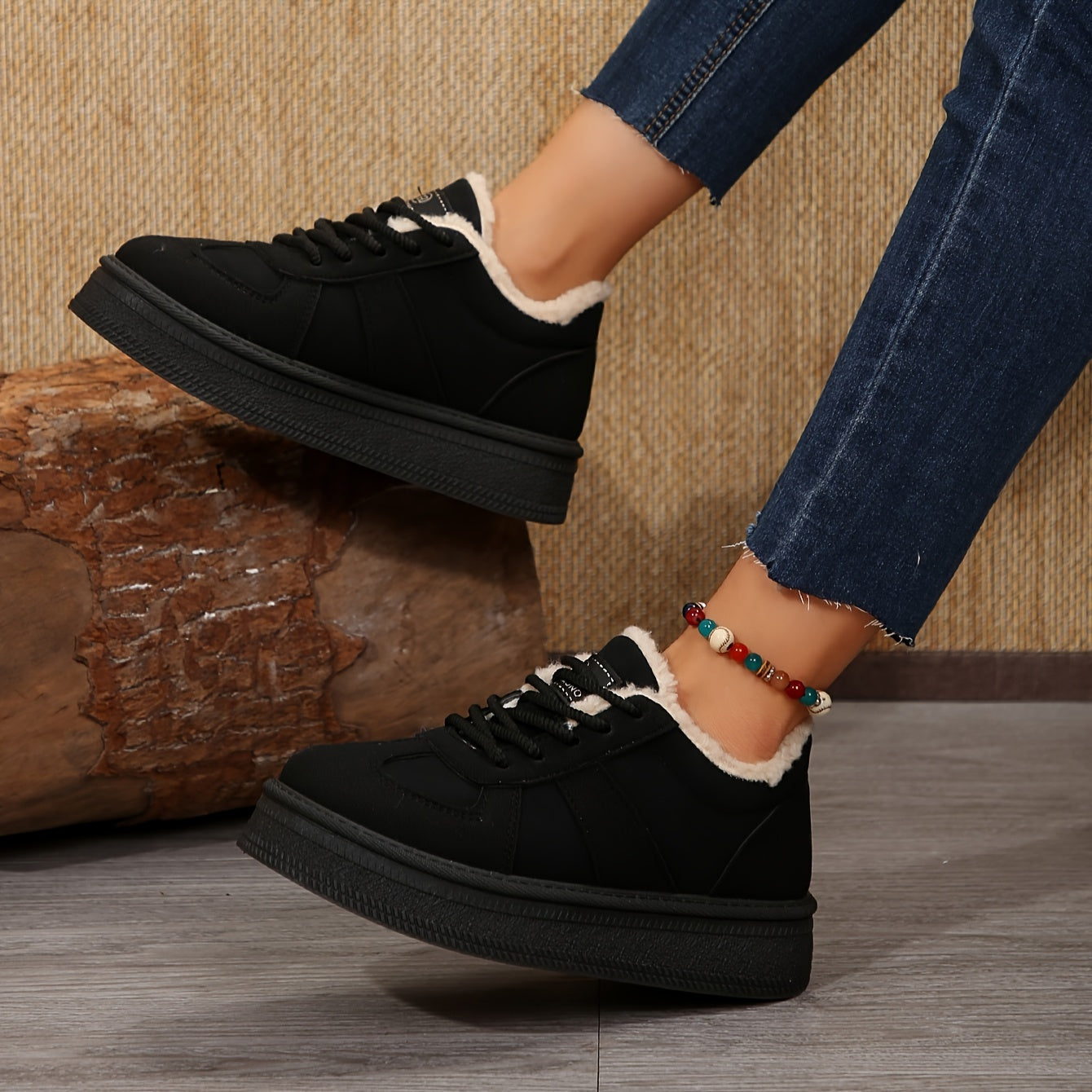 Women's Cozy Fleece-Lined Winter Sneakers - Thick Sole, Non-Slip, Lace-Up Casual Shoes for Outdoor Comfort