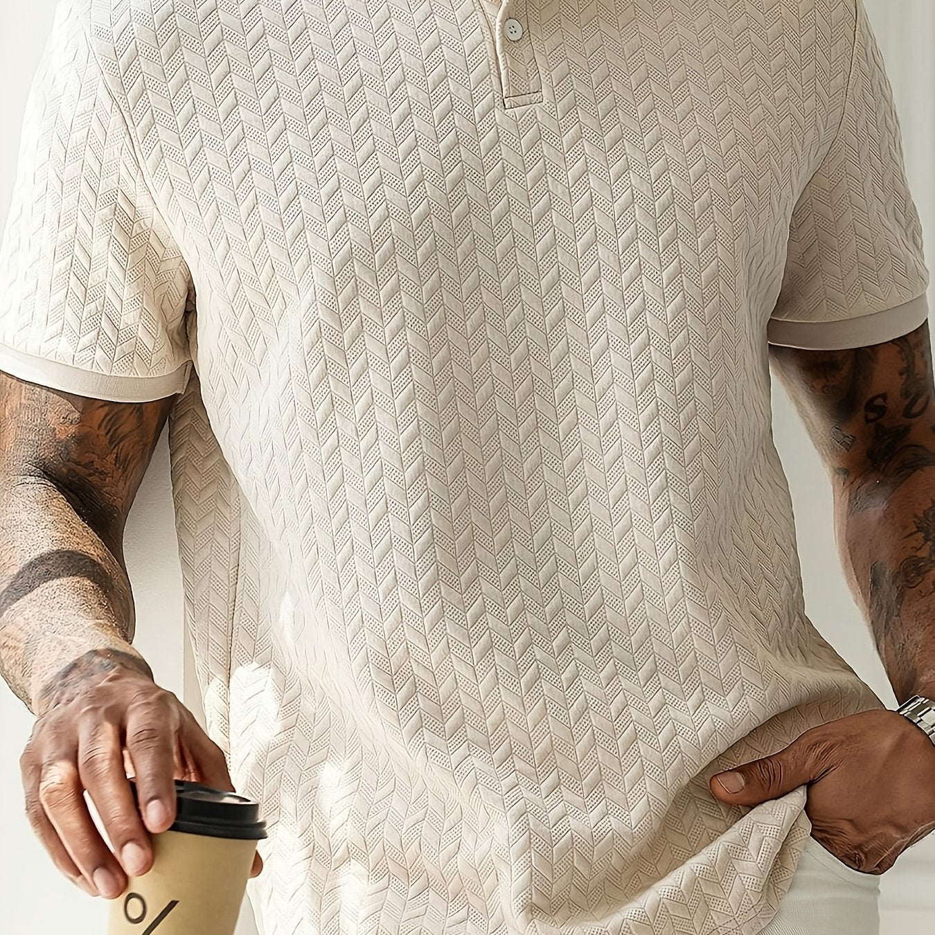 Men'S Casual Black Short Sleeve Polo Shirt with Textured Diamond Pattern - Polyester, Button-Up, Regular Fit for Summer, Casual Attire|Textured Pattern Shirt|Polyester Fabric