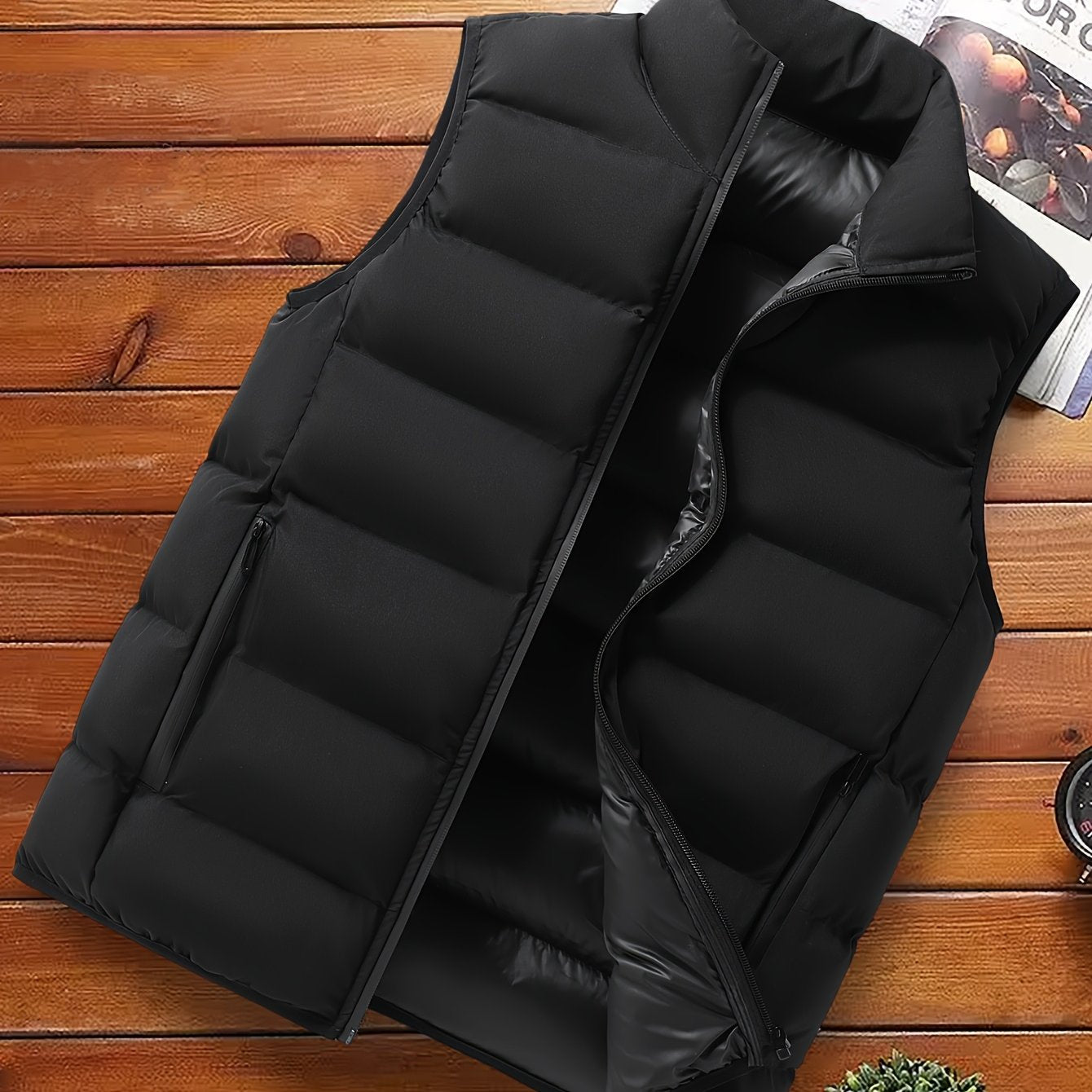 Men's Casual Sleeveless Stand Collar Vest, Thickened Warm Sweater, Autumn Winter Solid Color Zip-up Jacket, Coldproof Outdoor Top, Graphene Warmth, Fashion Webbing, Suitable for Daily Activities, Holiday Gift - ayq