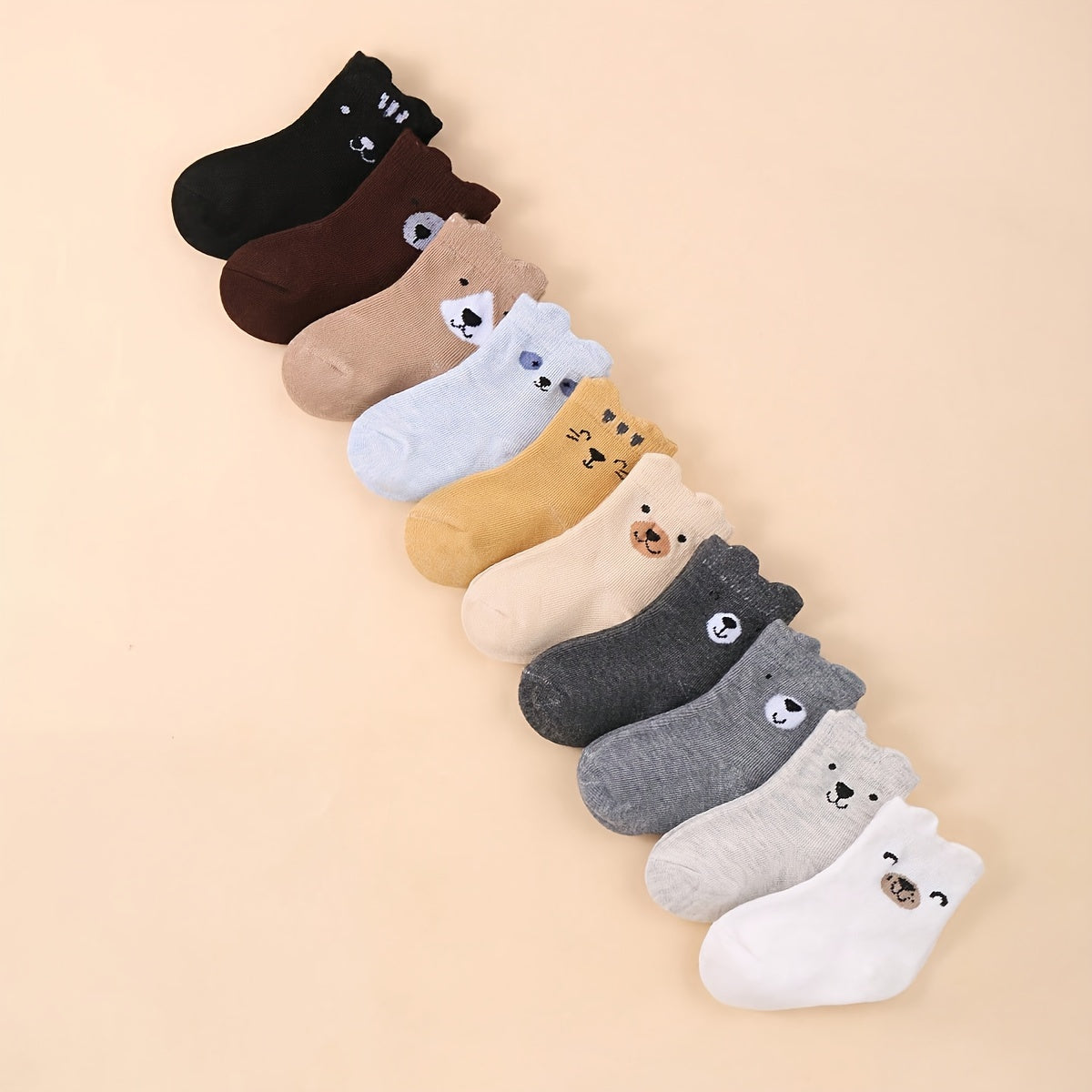 10 Pairs of Youngsters Cute Cartoon Animal Pattern Socks, Comfortable Youngsters Ankle Socks for All Seasons, 100% Polyester Knit Fabric, Machine Washable, Black/Gray/White/Brown/Beige/Yellow with Playful Bear, Bunny, and Cat