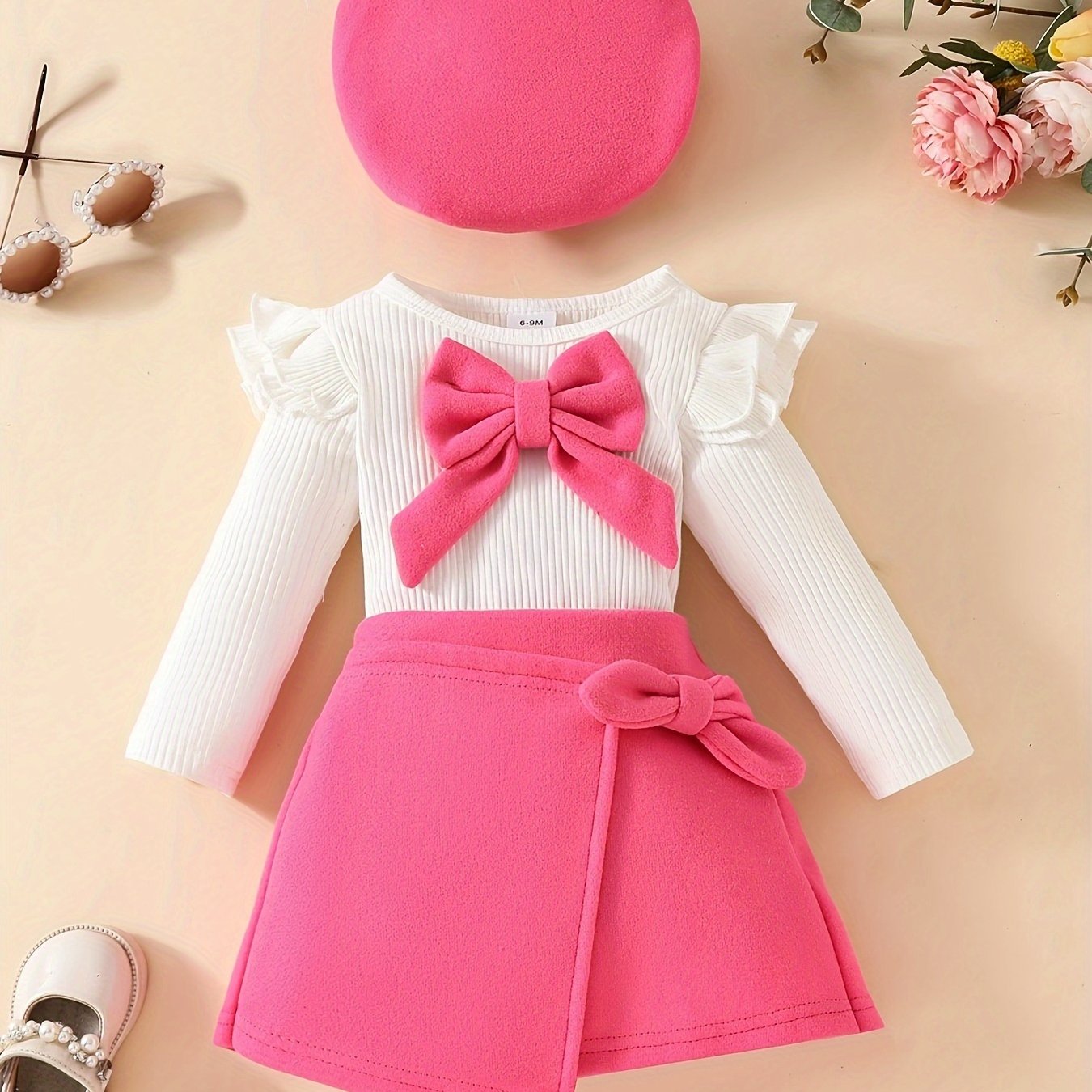 Honey Style Knitted Fabric Crew Neck Long Sleeve T-Shirt with Solid Color Flared Skirt and Beret Set for - Bow Detail Knee High Medium Stretch Fall/Winter Outfit