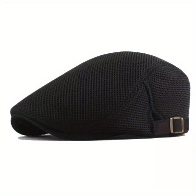 1 Men's Breathable Mesh Beret Hat - Casual Summer Style, 100% Polyester with Adjustable Faux Leather Strap for Comfort Fit