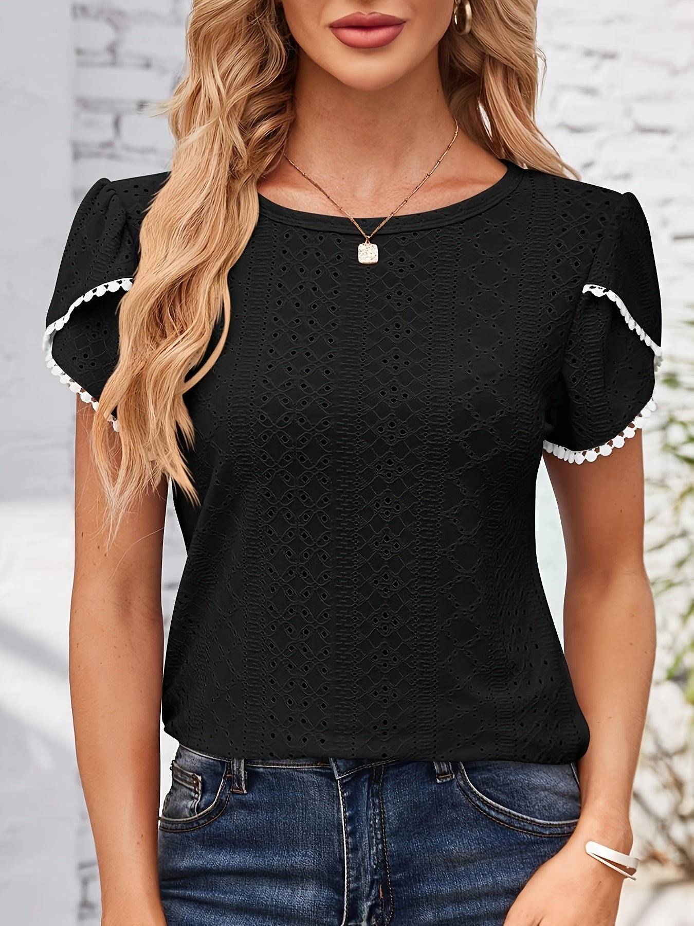 Women'S Elegant Blouse - Soft Pink Round Neck T-Shirt with Floral-like eyelet details, Breathable Loose Fit Top for Casual & Formal Outfits - Everyday Summer Shirt for Women, Ladies T Shirts, Versatile Clothing, Feminine Styl