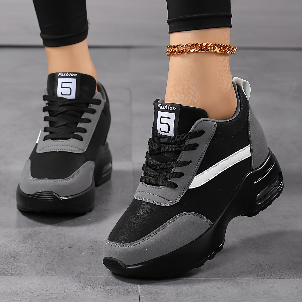 Women's Chunky Platform Casual Sneakers with Thick Cushioned Sole, Breathable Fabric Lining Synthetic Cover Upper - Black Grey Lace-Up Shoes for All-Season Comfort