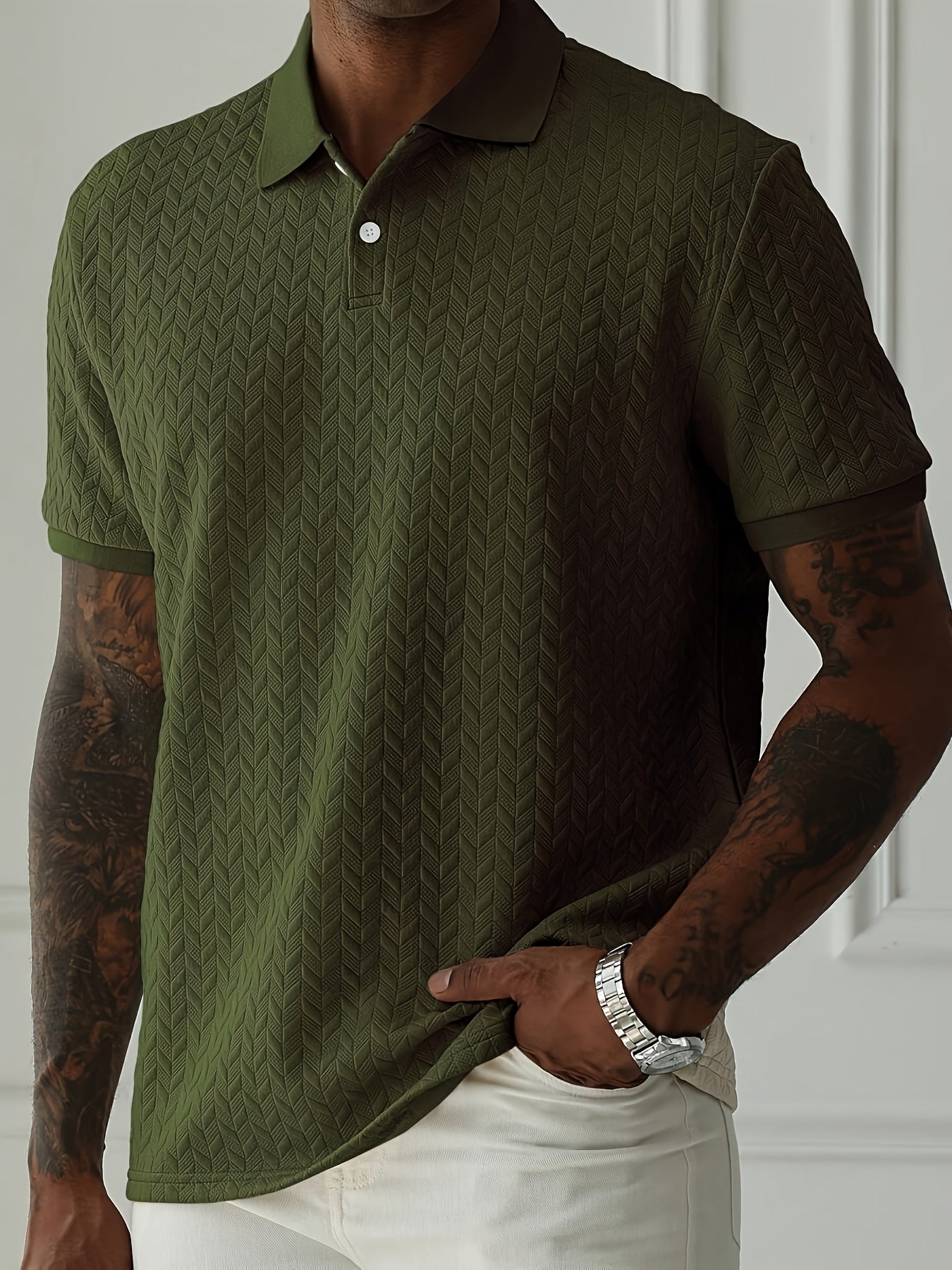 Men'S Casual Black Short Sleeve Polo Shirt with Textured Diamond Pattern - Polyester, Button-Up, Regular Fit for Summer, Casual Attire|Textured Pattern Shirt|Polyester Fabric