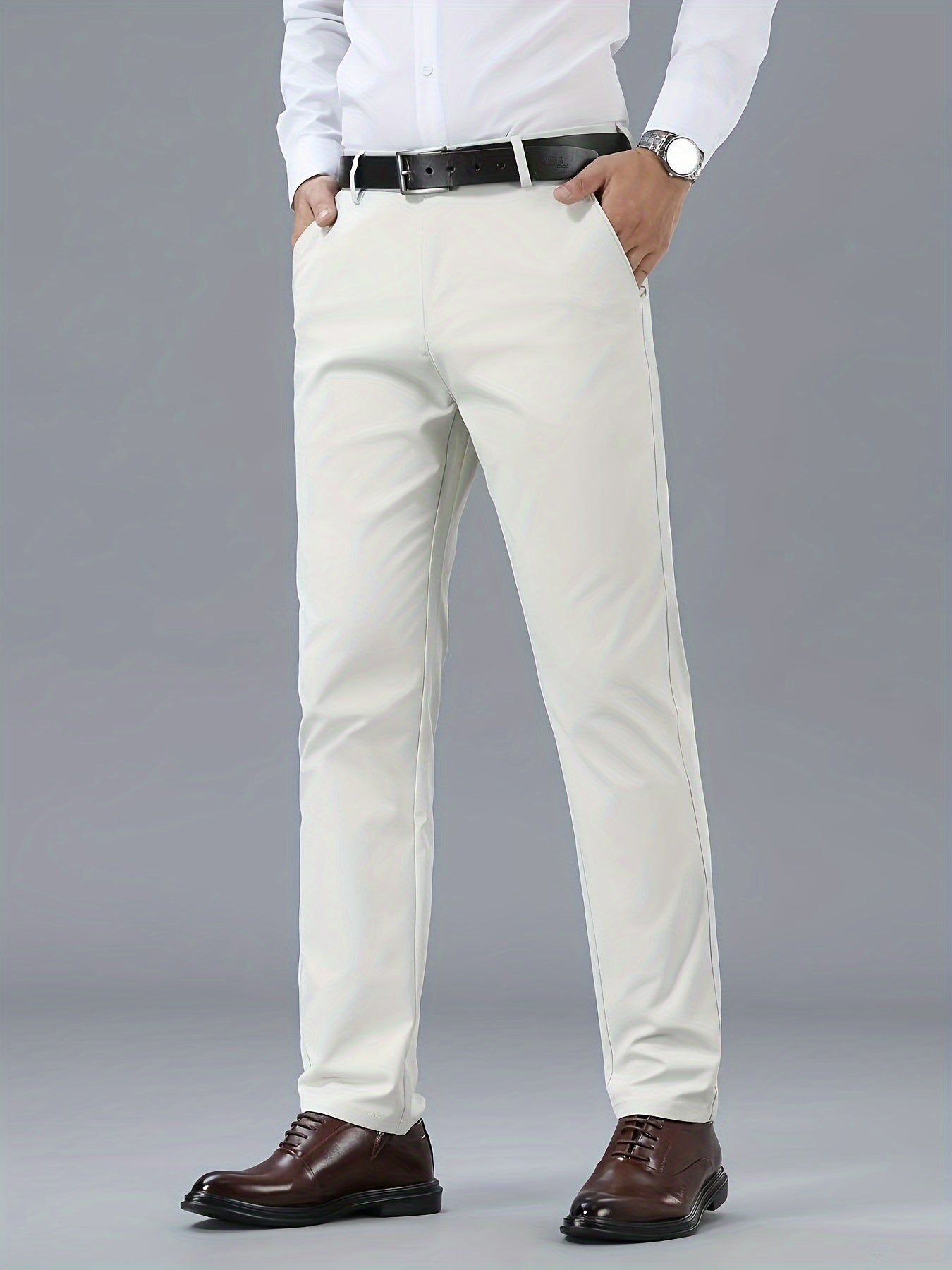 Men's Classic Business Casual Pants - Polyester, Solid Color, Regular Fit for All Seasons