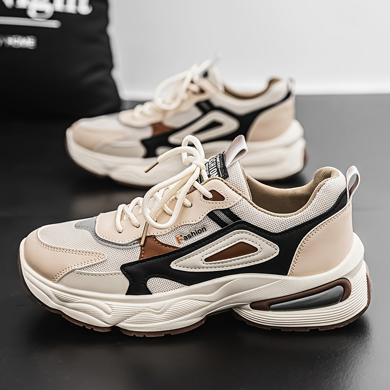 Men's Fashion Sneakers - White/Black/Brown PU Upper, Breathable Fabric Lining Cushioned EVA Insole, Durable PVC Sole, Lace-Up Mid-Top Design for All-Season Casual Daily Wear, High Top Sneakers, Versatile Footwear, Modern