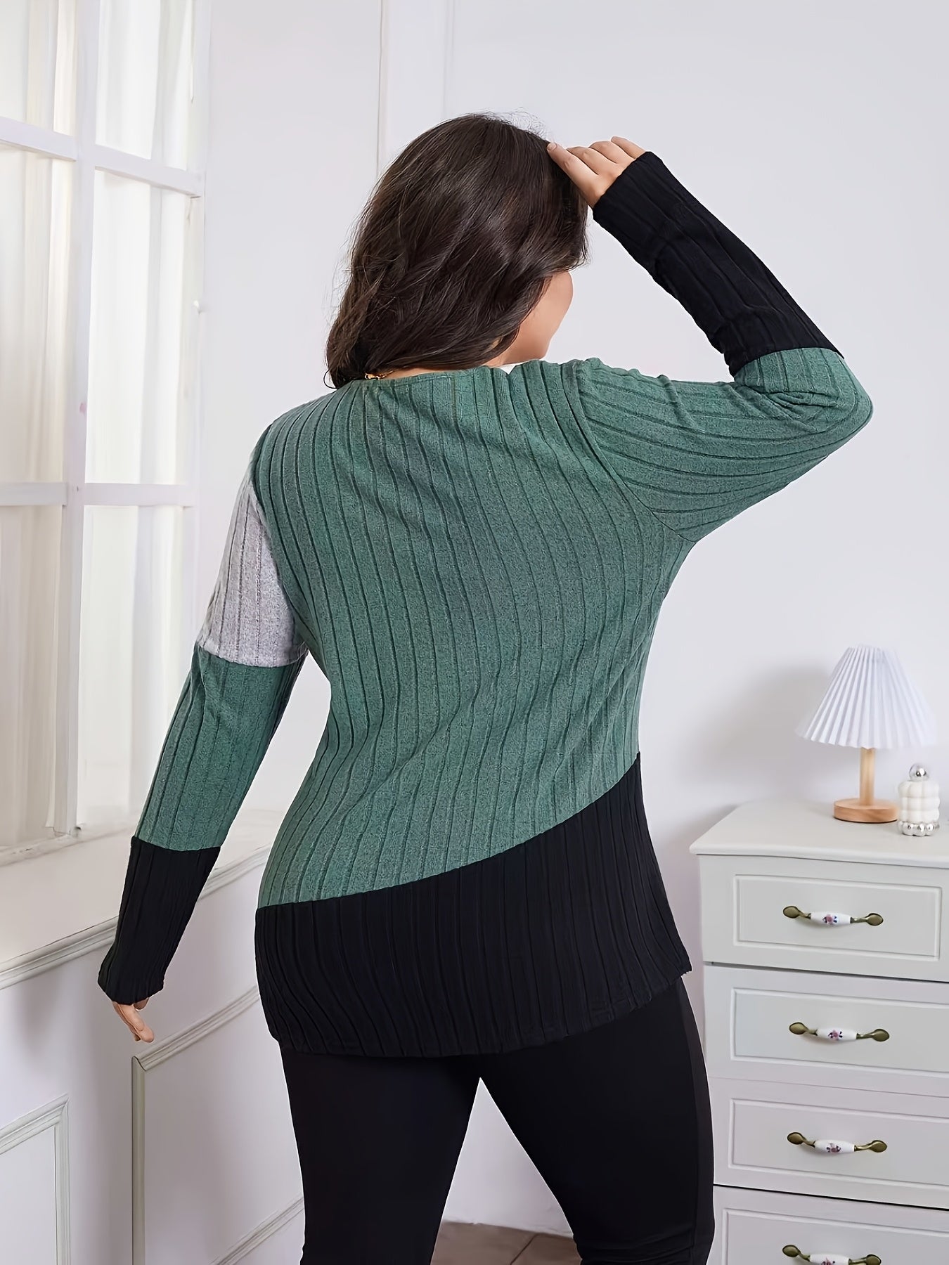 Elegant Color Block V-Neck սվիտեր կանանց համար - Ձգվող պոլիեսթեր, մեքենայով լվացվող, կատարյալ գարնան և աշնան համար
