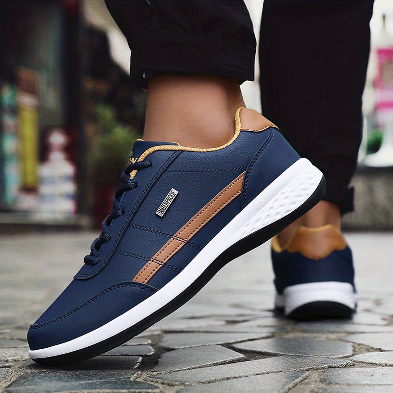 Casual Sneakers| VanWeir Men's Fashion Sneakers - Casual Lace-Up Shoes with PU Upper & MD Sole, Comfortable Fabric Insole, Versatile for All Seasons, Navy Blue with White & Orange Accents, VANWEIR