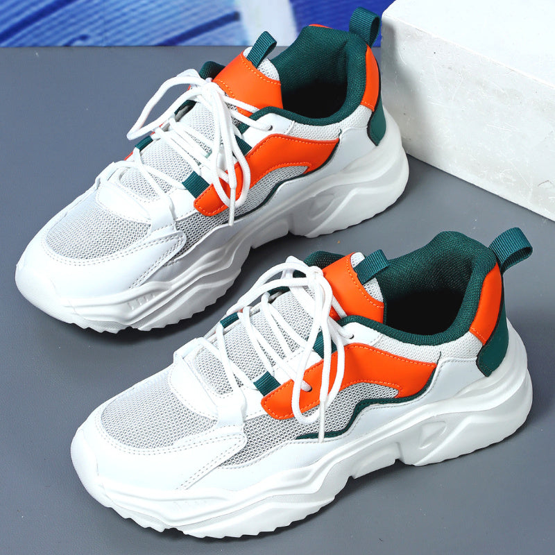 Women's Breathable Mesh Sneakers - Lightweight Lace-Up Sneakers with Contrasting Color Design, White Base with Green Orange Accents, Perfect for Tennis, Outdoor Activities, and Casual Attire, Casual Sneakers Casual Sneake