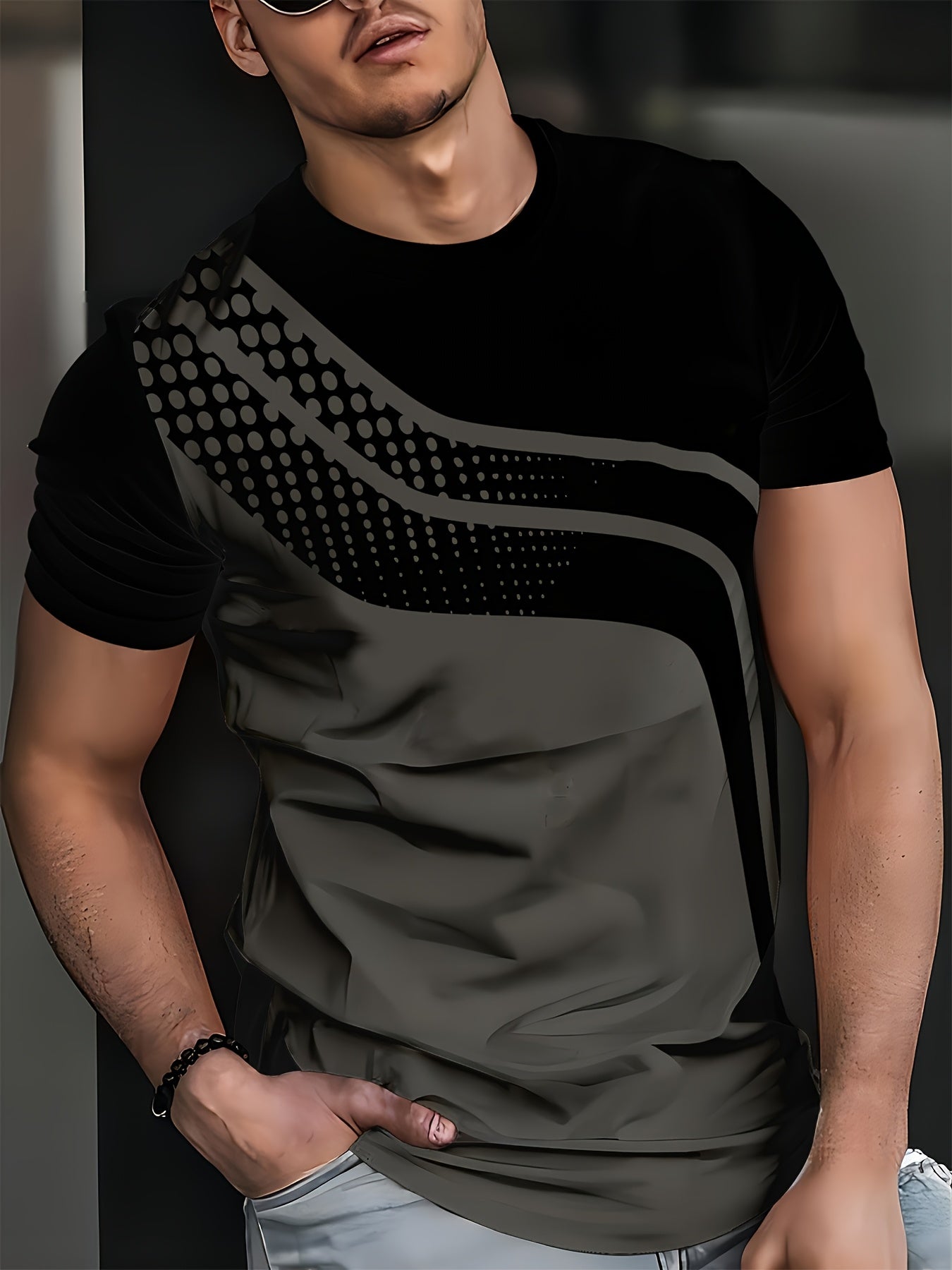 Men's Stylish Black & Grey Striped 3D Print T-Shirt - Round Neck Short Sleeve, Summer Casual Wear, Polyester Blend, Machine Washable, Modern Gradient Design for Everyday Outings