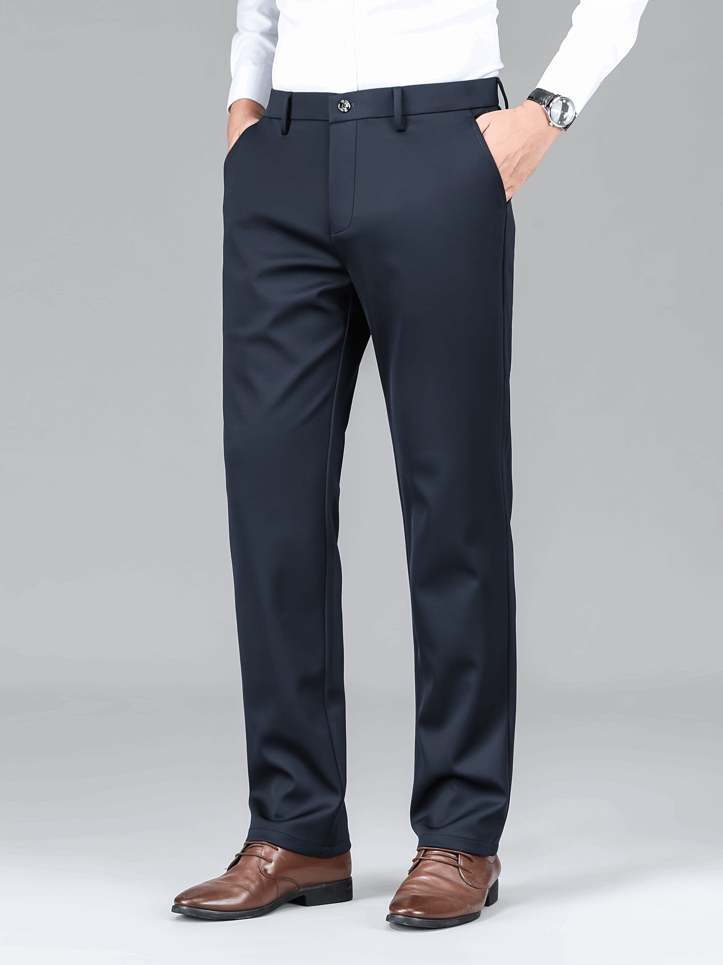 2pcs Men's Business Casual Stretch Dress Pants, Wrinkle-Resistant & Iron-Free, All-Season Wear, Logo, Navy Blue & Black, Polyester Blend, Machine Washable