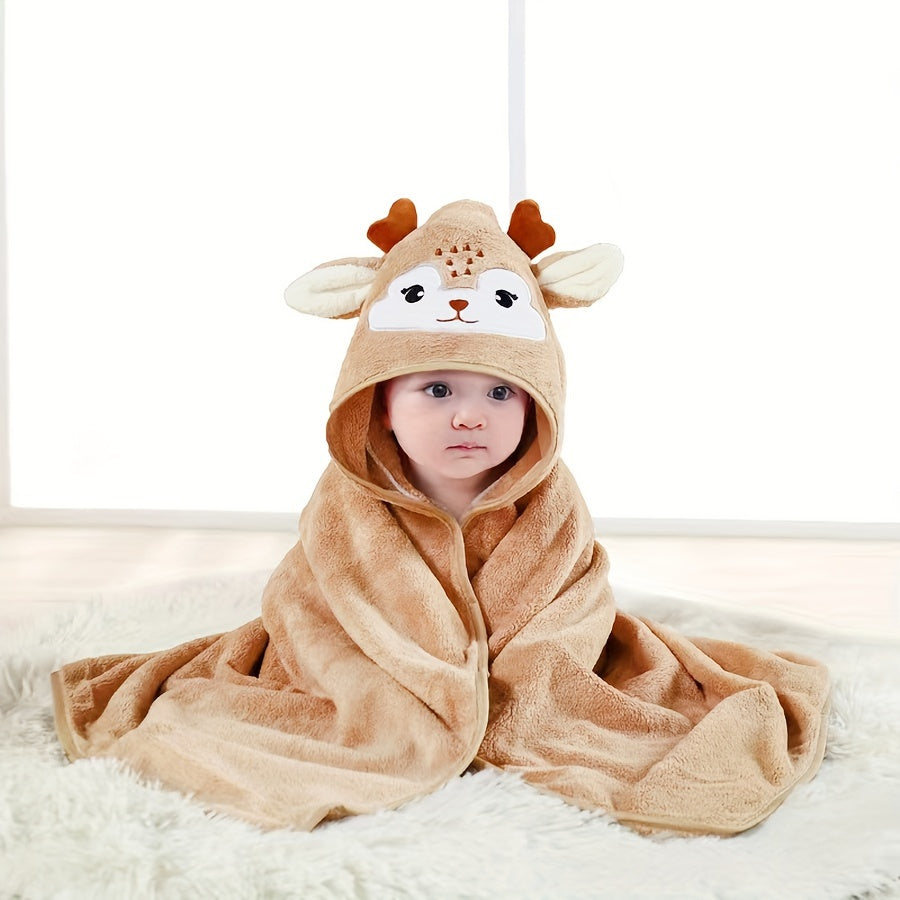 Ultra-Soft Coral Fleece Youngsters' Hooded Bath Towel with Cute Cartoon Animal Design - Absorbent & Skin-Friendly, Perfect for Swimming and Bathing