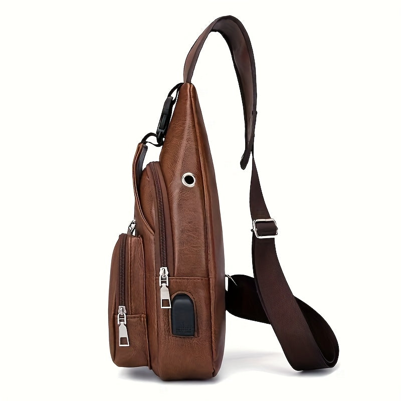 2025 New Men'S Fashion Chest Bag - Soft Faux Leather Anti-Theft Crossbody Bag with Multiple Compartments, Adjustable Strap Zipper Closure for Gym, Travel, Casual Outings (Brown), Secure Travel Pouch, Textured Finish