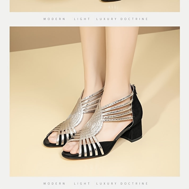 Women's Roman Gladiator Sandals - Chunky Mid-Heel Open-Toe Zipper Closure, Breathable PU Cover Strappy Ankle Strap for Spring, Casual Formal Events