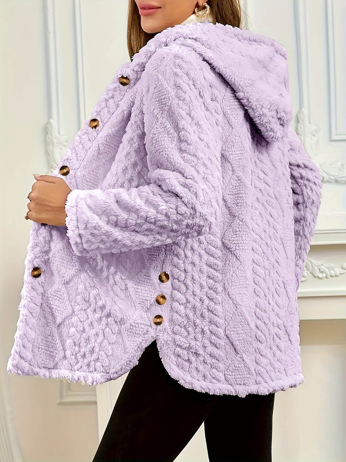 Elegant Pink Faux Fur Coat for Women - Chic Button-Front Hooded Jacket with Sleek Collar, Long Sleeves, and Ribbed Detailing - Perfect for Fall & Winter, Hand or Dry Clean Only